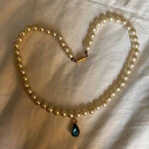 Vintage Pearl Necklace with Teal Blue Pendant